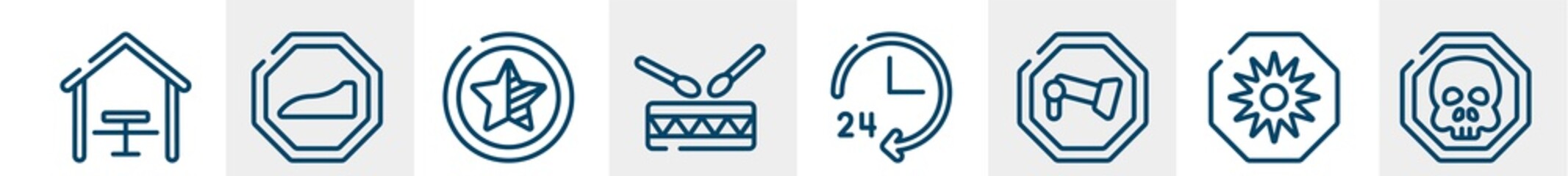 universal warning signals line icons such as eatery, slope, half star, native americandrum, 24 hours service, death outline vector sign. symbol, logo illustration. linear style icons set. pixel