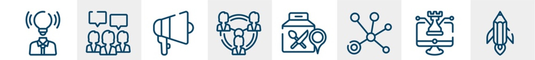 general line icons such as brand awareness, brand engagement, agitation, business networking, food delivery, creative pencil rocket outline vector sign. symbol, logo illustration. linear style icons