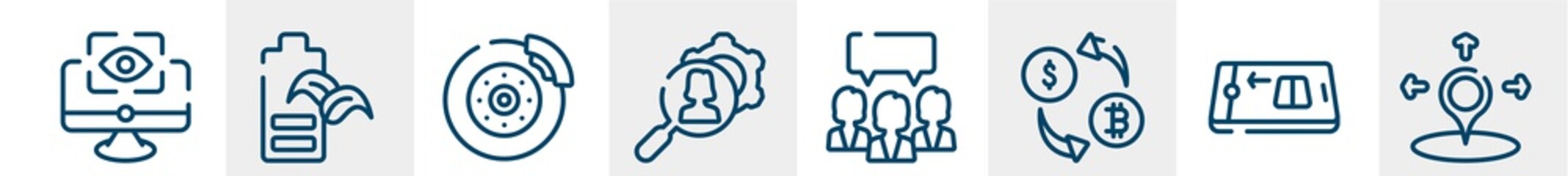 general line icons such as computer vision, eco battery, disk brake, hr services, group opinion, coordinate outline vector sign. symbol, logo illustration. linear style icons set. pixel perfect
