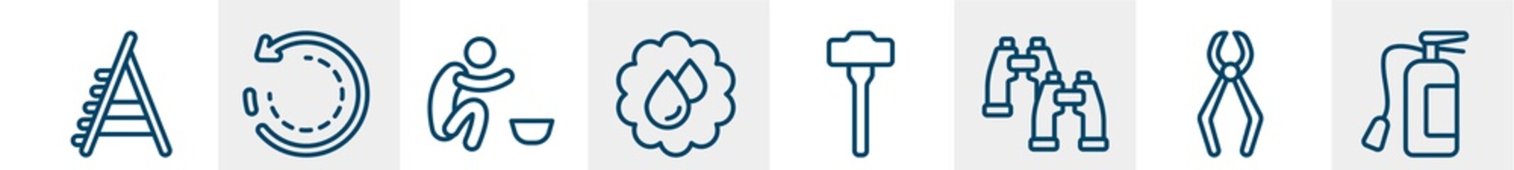 general line icons such as stepladder, clockwise, poor, save water badge, sledgehammer, fire estinguisher outline vector sign. symbol, logo illustration. linear style icons set. pixel perfect vector