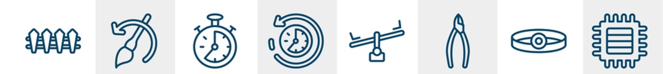 general line icons such as wooden fence, brush history, analog stopwatch, rewind time, balancer, patch crop outline vector sign. symbol, logo illustration. linear style icons set. pixel perfect