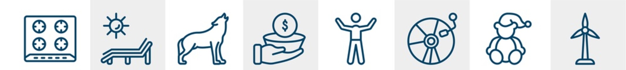 general line icons such as hob, deck chair under the sun, wolf howling, poverty, man with open arms, renewable energy label outline vector sign. symbol, logo illustration. linear style icons set.