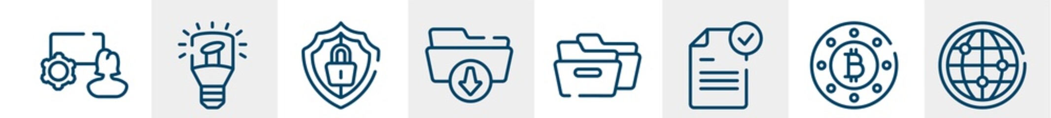 business and finance line icons such as marketing seminar, light modern lamp tool, big protection shield, download folder, two black folders, big globe outline vector sign. symbol, logo