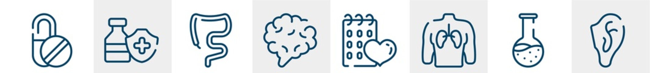 body parts line icons such as capsule, immunity drugs, large intestine, brain body organ, null, ear outline vector sign. symbol, logo illustration. linear style icons set. pixel perfect vector