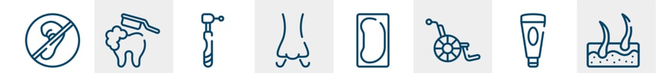 medical line icons such as deaf, brushing teeth, dental drill, smelling, bedpan, epidermis outline vector sign. symbol, logo illustration. linear style icons set. pixel perfect vector graphics.