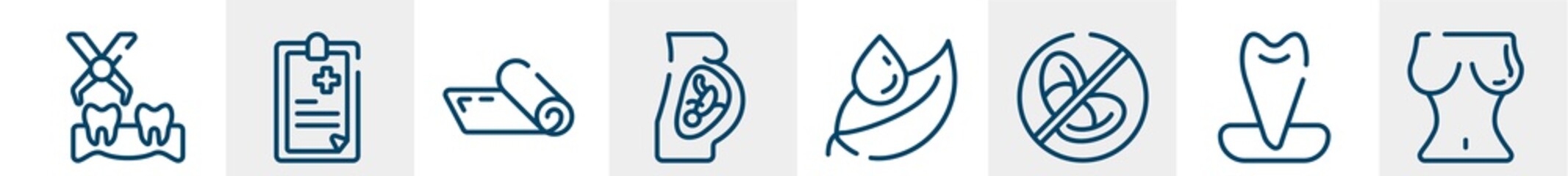 Obraz premium medical and dental line icons such as extraction, clinic history, yoga mat, fetus, leaf and drop, breasts outline vector sign. symbol, logo illustration. linear style icons set. pixel perfect vector