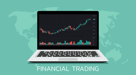 Cryptocurrency, forex, stock trade on notebook computer or laptop with financial chart to buy and sell for exchange market around the world concept, vector flat illustration