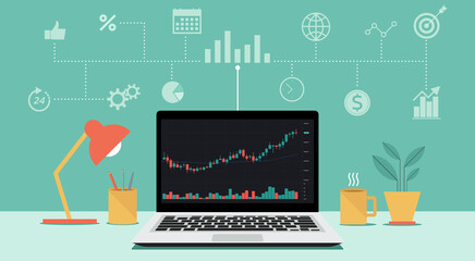 Cryptocurrency, forex, stock trade on laptop computer or notebook with icon and financial chart to buy and sell for exchange market concept, vector flat illustration