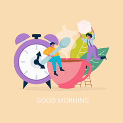 Good morning poster. The concept of rest. Morning coffee and small people. Vector illustration for advertising, posters, banners, website.