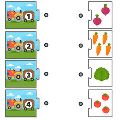 Education match game for kids. Counting from 1 to 4. Count the vegetables in the tractor. Collection puzzle with numbers and vegetables. Puzzle Game, Mosaic