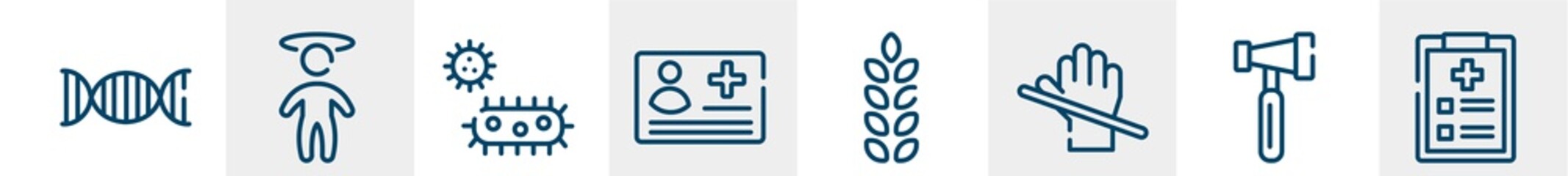 Obraz premium medical services line icons such as genes, dizzy, bacterium, medical card, gluten, examination outline vector sign. symbol, logo illustration. linear style icons set. pixel perfect vector graphics.