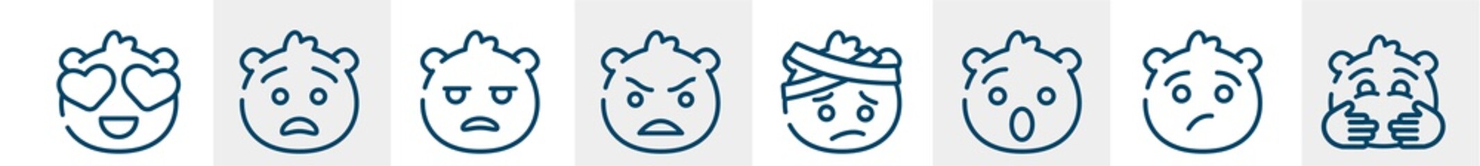 emoji line icons such as in love emoji, anguished emoji, bo angry with head-bandage hugging outline vector sign. symbol, logo illustration. linear style icons set. pixel perfect vector graphics.