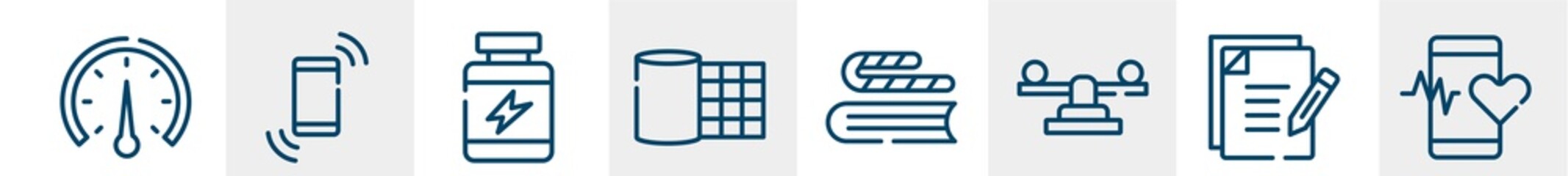 healthy life line icons such as barometer, shake, protein supplement, gauze, bookworm, medical app outline vector sign. symbol, logo illustration. linear style icons set. pixel perfect vector