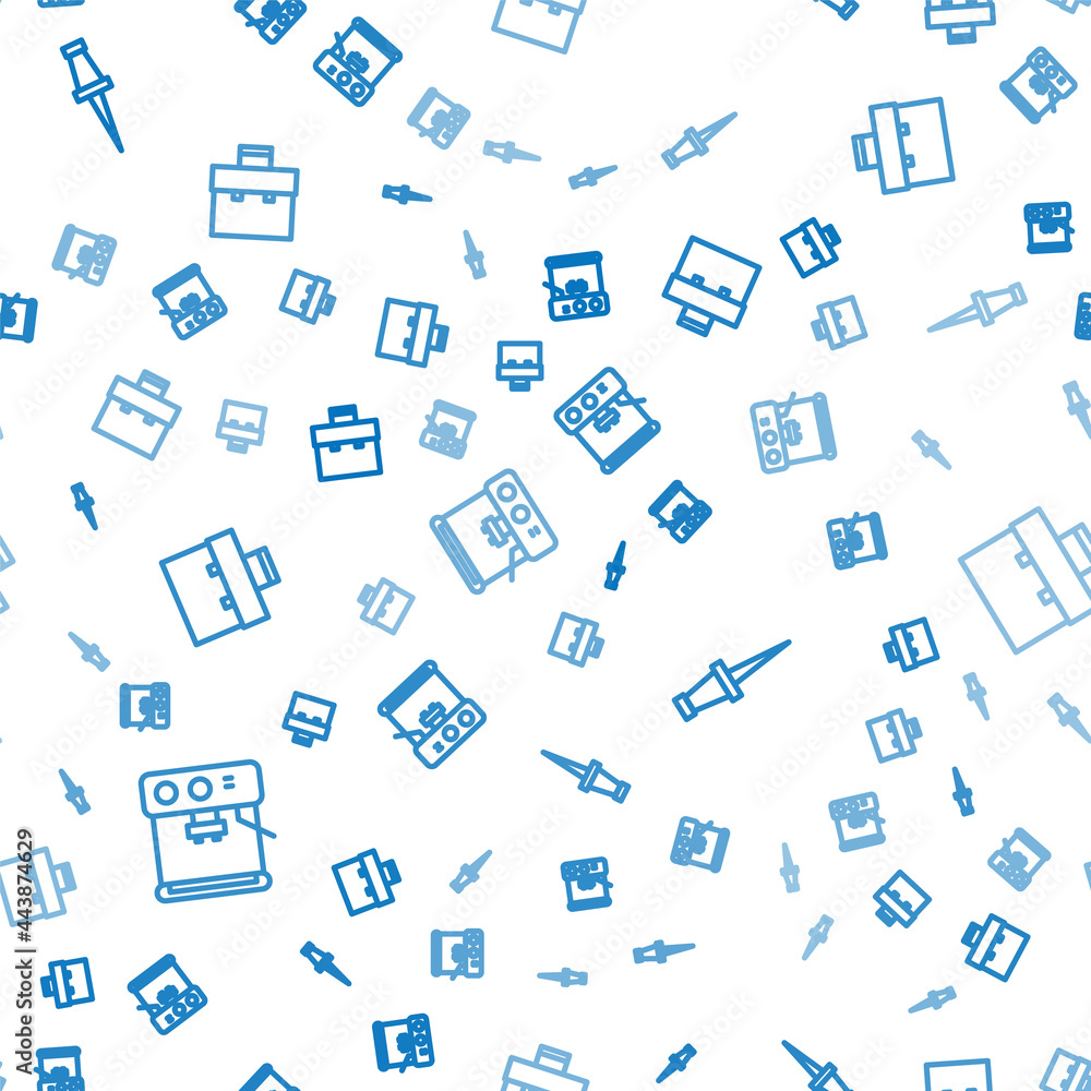 Poster set line coffee machine, push pin and briefcase on seamless pattern. vector