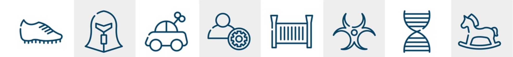 kindergarten line icons such as football boots, spartan, toy car, engeneering, crib, hobby horse outline vector sign. symbol, logo illustration. linear style icons set. pixel perfect vector