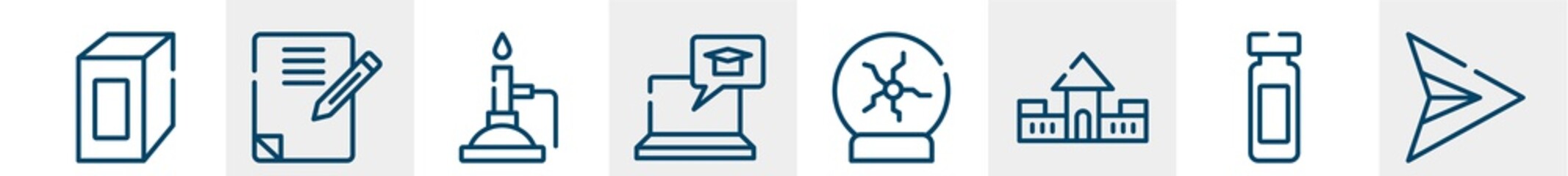 back to school line icons such as juice box, homework, bunsen burner, elearning, plasma ball, paper airplane outline vector sign. symbol, logo illustration. linear style icons set. pixel perfect