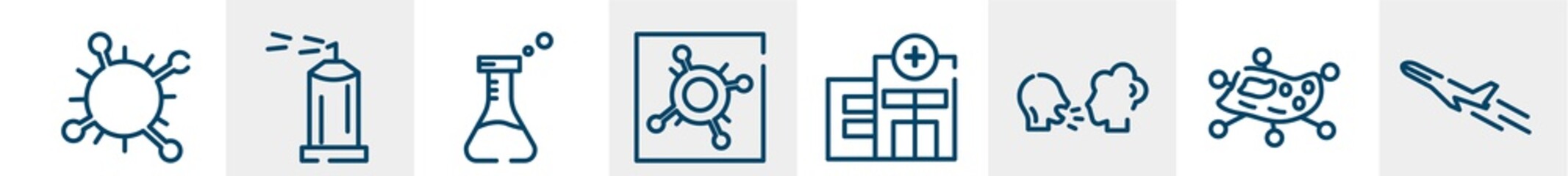 line icons such as coronavirus, spray, flask, pandemic, clinic, plane outline vector sign. symbol, logo illustration. linear style icons set. pixel perfect vector graphics.