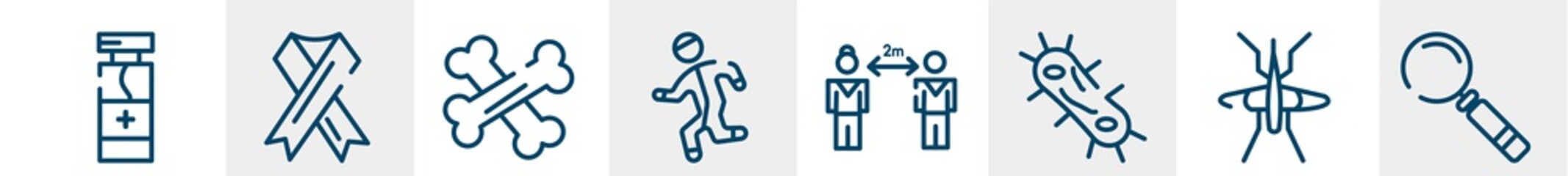 line icons such as disinfect, aids, bone, physical, keep distance, magnifying glass outline vector sign. symbol, logo illustration. linear style icons set. pixel perfect vector graphics.