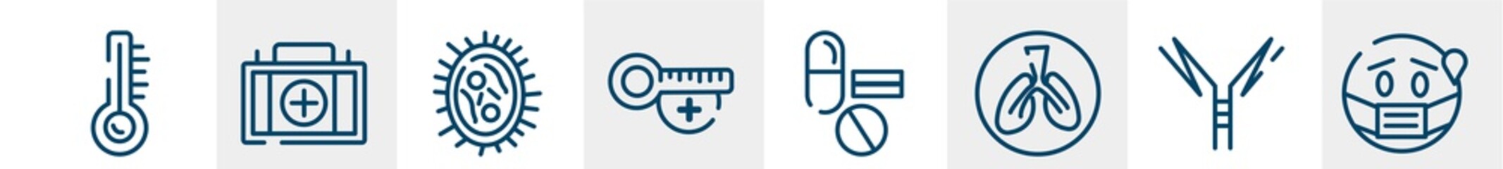 line icons such as temperature, medical, bacterias, hot temperature, medicine, sick outline vector sign. symbol, logo illustration. linear style icons set. pixel perfect vector graphics.