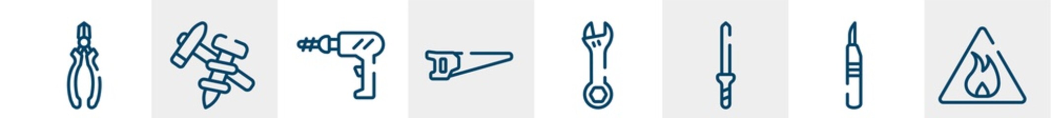 construction line craft line icons such as nippers, construction tools, perforator, metal saw, adjustable wrench, inflamable outline vector sign. symbol, logo illustration. linear style icons set.