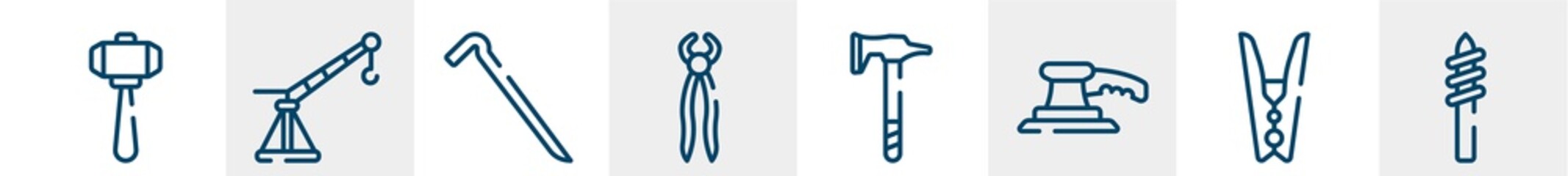 construction line craft line icons such as big hammer, davit, crowbar, nail puller, battle axe, drill tip outline vector sign. symbol, logo illustration. linear style icons set. pixel perfect vector