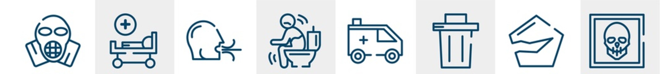 line icons such as respirator mask, hospital bed, breath, diarrhea, ambulance, skull outline vector sign. symbol, logo illustration. linear style icons set. pixel perfect vector graphics.