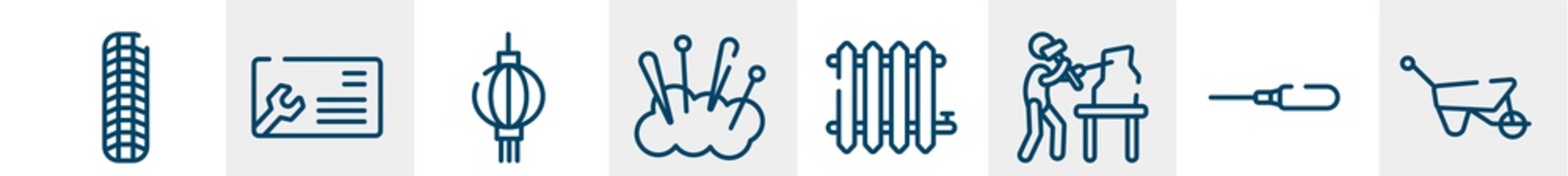 construction line icons such as tiremarks, business cards, paper lantern, cushion, radiator, barrow outline vector sign. symbol, logo illustration. linear style icons set. pixel perfect vector