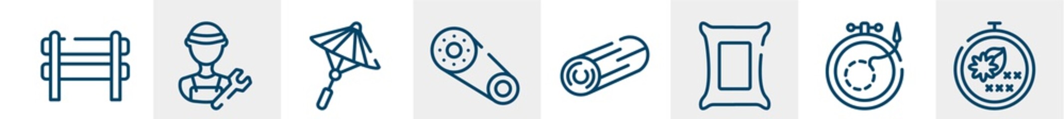 handcraft line icons such as barricade, plumber, japanese umbrella, timing belt, woods, cross stitch outline vector sign. symbol, logo illustration. linear style icons set. pixel perfect vector