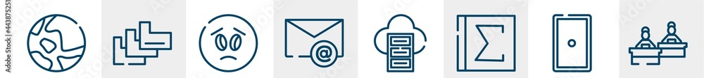 Poster computer workers line icons such as global map, index folder, frown emot, email envelope, server clo