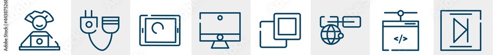Poster computer and media line icons such as computer worker, plug connector, ipad touch screen, computer w