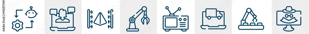 Poster web and hacker line icons such as synchronizing, webinar, 3d scanner, robotic arm, old tv, spyware o