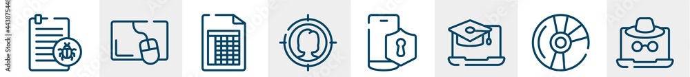 Poster web and hacker line icons such as corrupt file, mouse pad, spreadsheet, target audience, vpn, fraud 