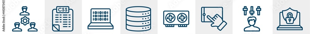 Poster computer functions line icons such as work team, style sheet, binary code, data storage, graphics ca