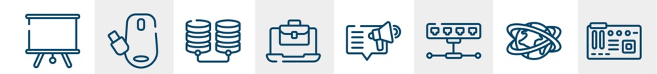computer and data line icons such as projector screen, wireless mouse, database storage, job opportunities, content marketing, motherboard outline vector sign. symbol, logo illustration. linear