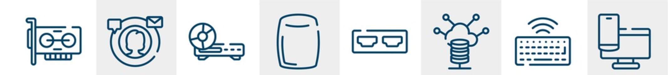 seo line icons such as adapter, digital campaign, woofers, homepod, hdmi port, responsive website outline vector sign. symbol, logo illustration. linear style icons set. pixel perfect vector