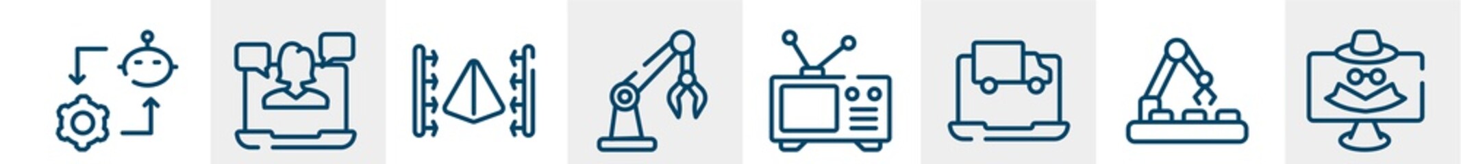 web and hacker line icons such as synchronizing, webinar, 3d scanner, robotic arm, old tv, spyware outline vector sign. symbol, logo illustration. linear style icons set. pixel perfect vector