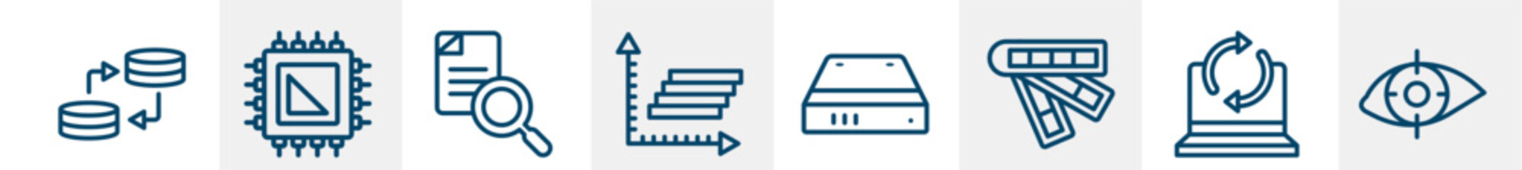 cyber security line icons such as data transfer, processor, search file, frequency graph, hard drive, retinal scan outline vector sign. symbol, logo illustration. linear style icons set. pixel