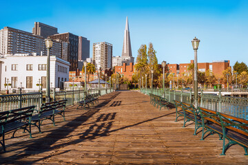 Pier at dawn with views of downtown and Transamerica Tower in San Francisco