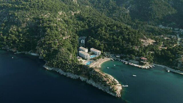 Aerial view of a luxury hotel in a beautiful bay of Turunc city, Turkey