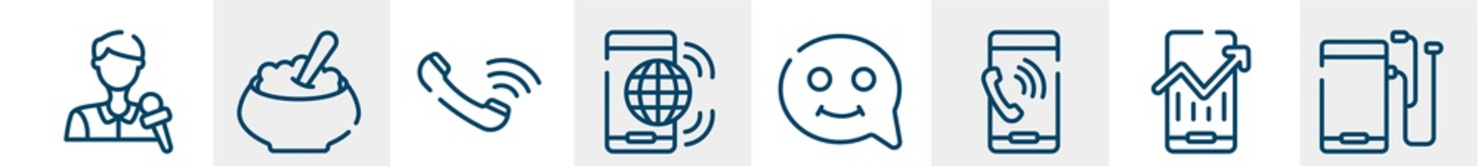 mobile phones line icons such as journalists, porridge, auricular of phone, internet connection by cellphone, smiles, mobile phone with auriculars outline vector sign. symbol, logo illustration.