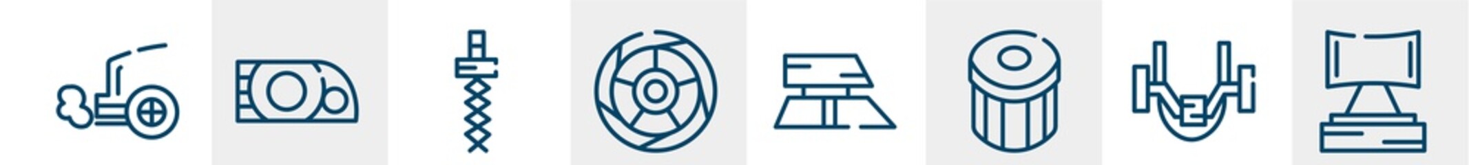 car parts line icons such as car exhaust, car headlight, coil, tyre, roof, headrest outline vector sign. symbol, logo illustration. linear style icons set. pixel perfect vector graphics.