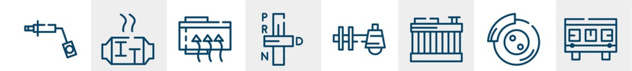 car parts line icons such as car wheel brace, car catalytic converter, demister, transmission, sump, cylinder head outline vector sign. symbol, logo illustration. linear style icons set. pixel