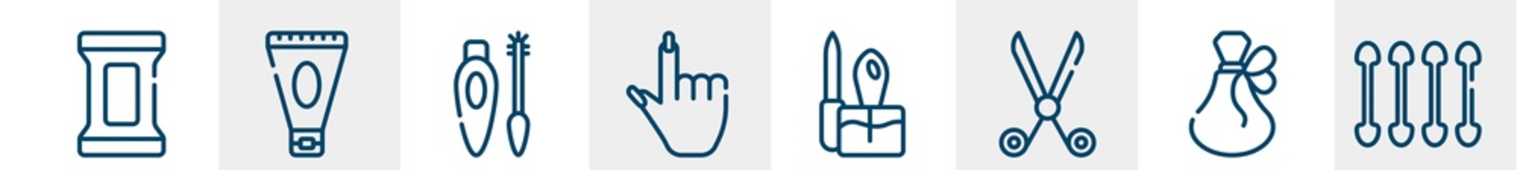pretty line icons such as makeup remover wipes, anti aging cream, eyes mascara, finger with nail, manicure set, cotton swabs outline vector sign. symbol, logo illustration. linear style icons set.