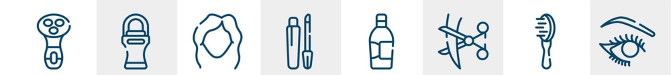 pretty line icons such as electric shaver for women, roll on deodorant, women makeup, gloss, inclined bottle, eye make up outline vector sign. symbol, logo illustration. linear style icons set.