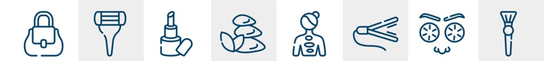 beauty salon line icons such as women handbag, women razor, inclined lipstick, three stones, hot stone massage, inclined makeup brush outline vector sign. symbol, logo illustration. linear style