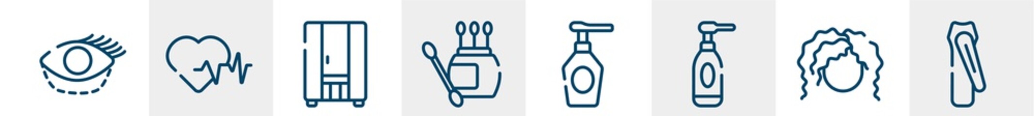 beauty and spa line icons such as blepharoplasty, hearts, infra, earbuds, spray bottle, nail clippers outline vector sign. symbol, logo illustration. linear style icons set. pixel perfect vector