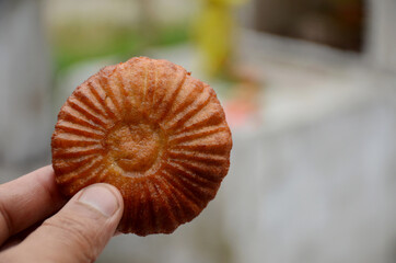 closeup the red brown color frayed bread hold hand over out of focus grey background.