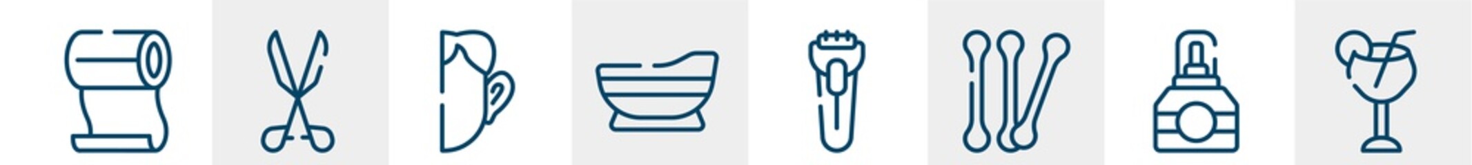 beauty and spa line icons such as roll on, medical tools, otoplasty, bathtube, shaver, margarita outline vector sign. symbol, logo illustration. linear style icons set. pixel perfect vector