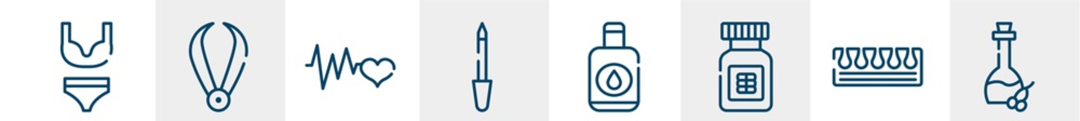 spa elements line icons such as underwear, pluck, cardiogram, lima, nail polish remover, olive oil outline vector sign. symbol, logo illustration. linear style icons set. pixel perfect vector