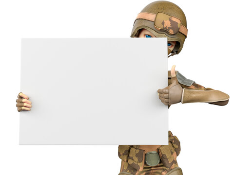 Soldier Girl Cartoon Girl Is Holding White Board Sign With Thumbs Up